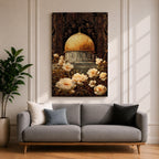 Elegant artwork of the Dome of the Rock in Jerusalem featuring the iconic golden dome surrounded by detailed Ottoman-style floral ornamentation and blooming flowers. The composition highlights the sacred Islamic landmark with rich decorative patterns and warm vintage tones.