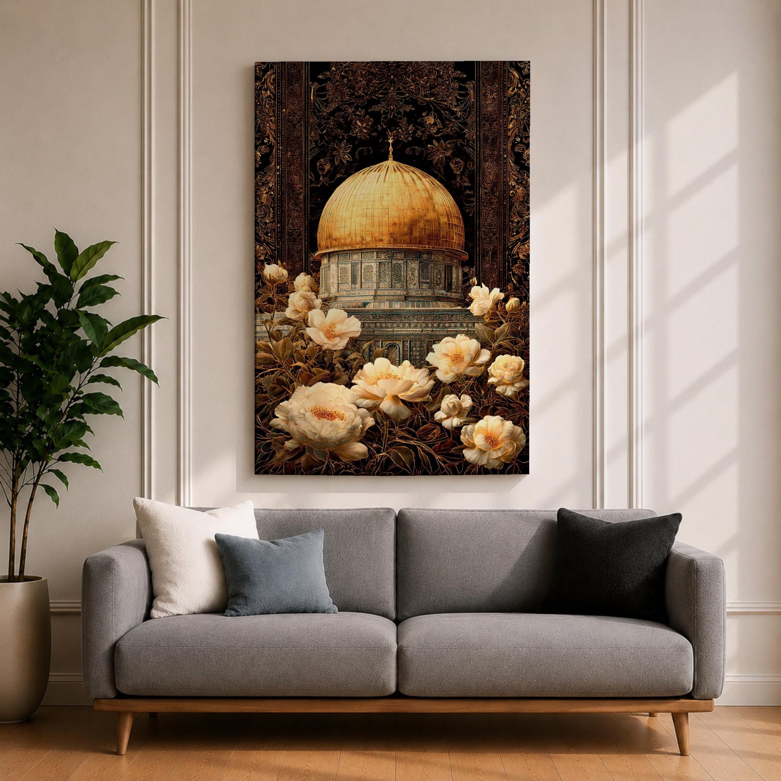 Elegant artwork of the Dome of the Rock in Jerusalem featuring the iconic golden dome surrounded by detailed Ottoman-style floral ornamentation and blooming flowers. The composition highlights the sacred Islamic landmark with rich decorative patterns and warm vintage tones.