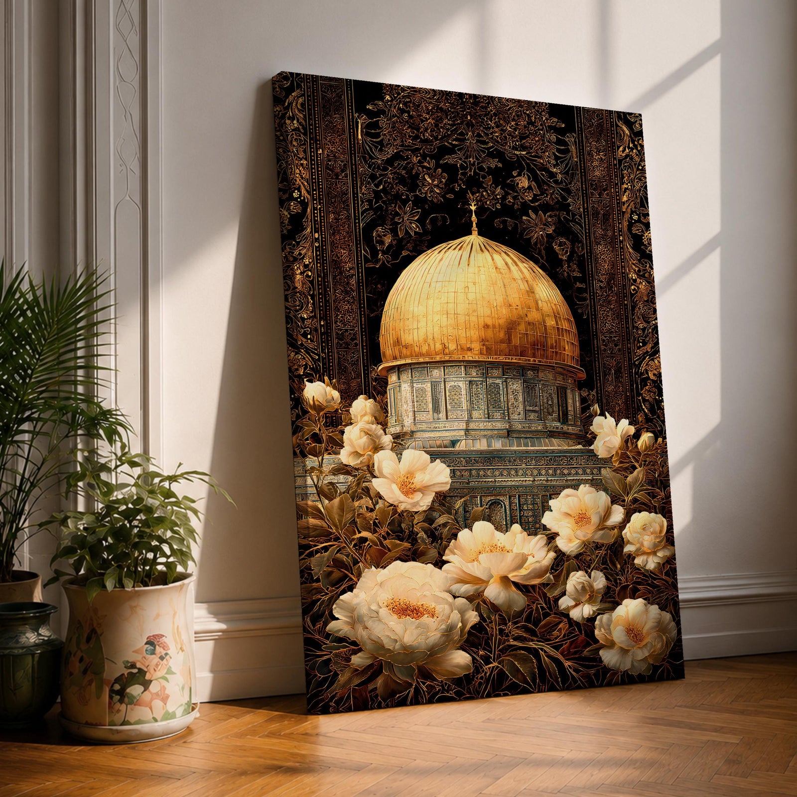 Elegant artwork of the Dome of the Rock in Jerusalem featuring the iconic golden dome surrounded by detailed Ottoman-style floral ornamentation and blooming flowers. The composition highlights the sacred Islamic landmark with rich decorative patterns and warm vintage tones.
