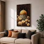 Elegant artwork of the Dome of the Rock in Jerusalem featuring the iconic golden dome surrounded by detailed Ottoman-style floral ornamentation and blooming flowers. The composition highlights the sacred Islamic landmark with rich decorative patterns and warm vintage tones.