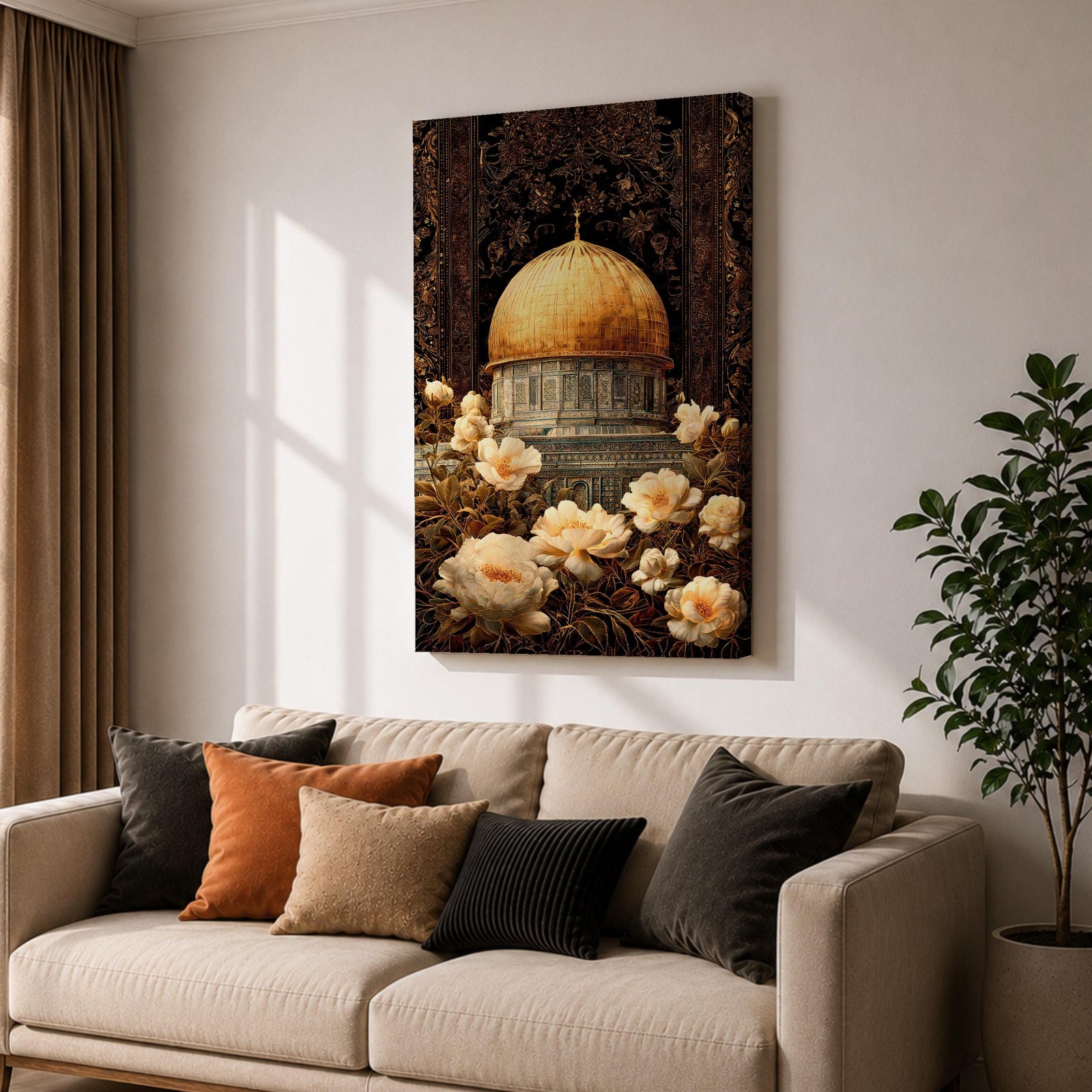 Elegant artwork of the Dome of the Rock in Jerusalem featuring the iconic golden dome surrounded by detailed Ottoman-style floral ornamentation and blooming flowers. The composition highlights the sacred Islamic landmark with rich decorative patterns and warm vintage tones.