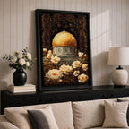 Elegant artwork of the Dome of the Rock in Jerusalem featuring the iconic golden dome surrounded by detailed Ottoman-style floral ornamentation and blooming flowers. The composition highlights the sacred Islamic landmark with rich decorative patterns and warm vintage tones.
