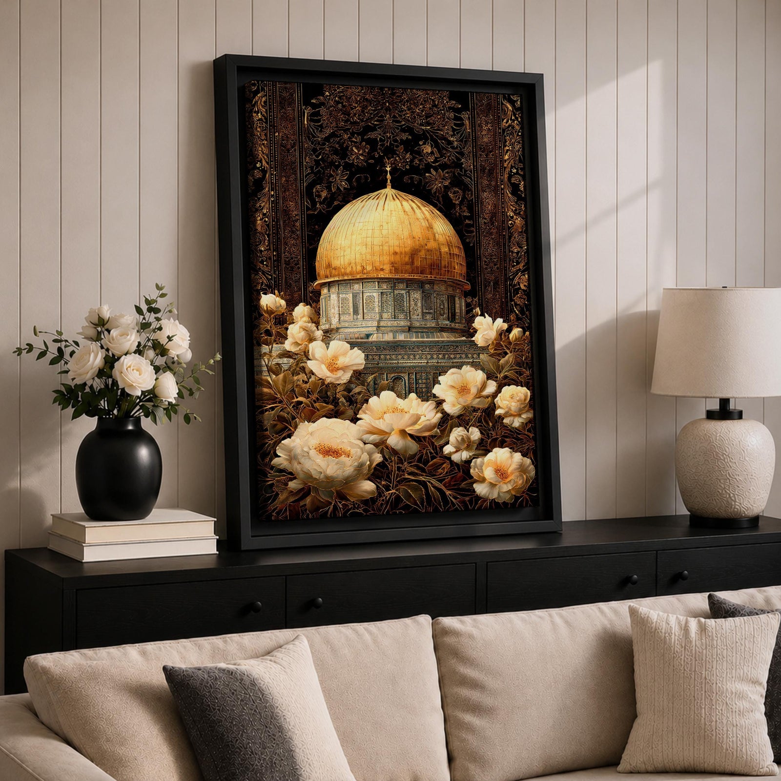 Elegant artwork of the Dome of the Rock in Jerusalem featuring the iconic golden dome surrounded by detailed Ottoman-style floral ornamentation and blooming flowers. The composition highlights the sacred Islamic landmark with rich decorative patterns and warm vintage tones.