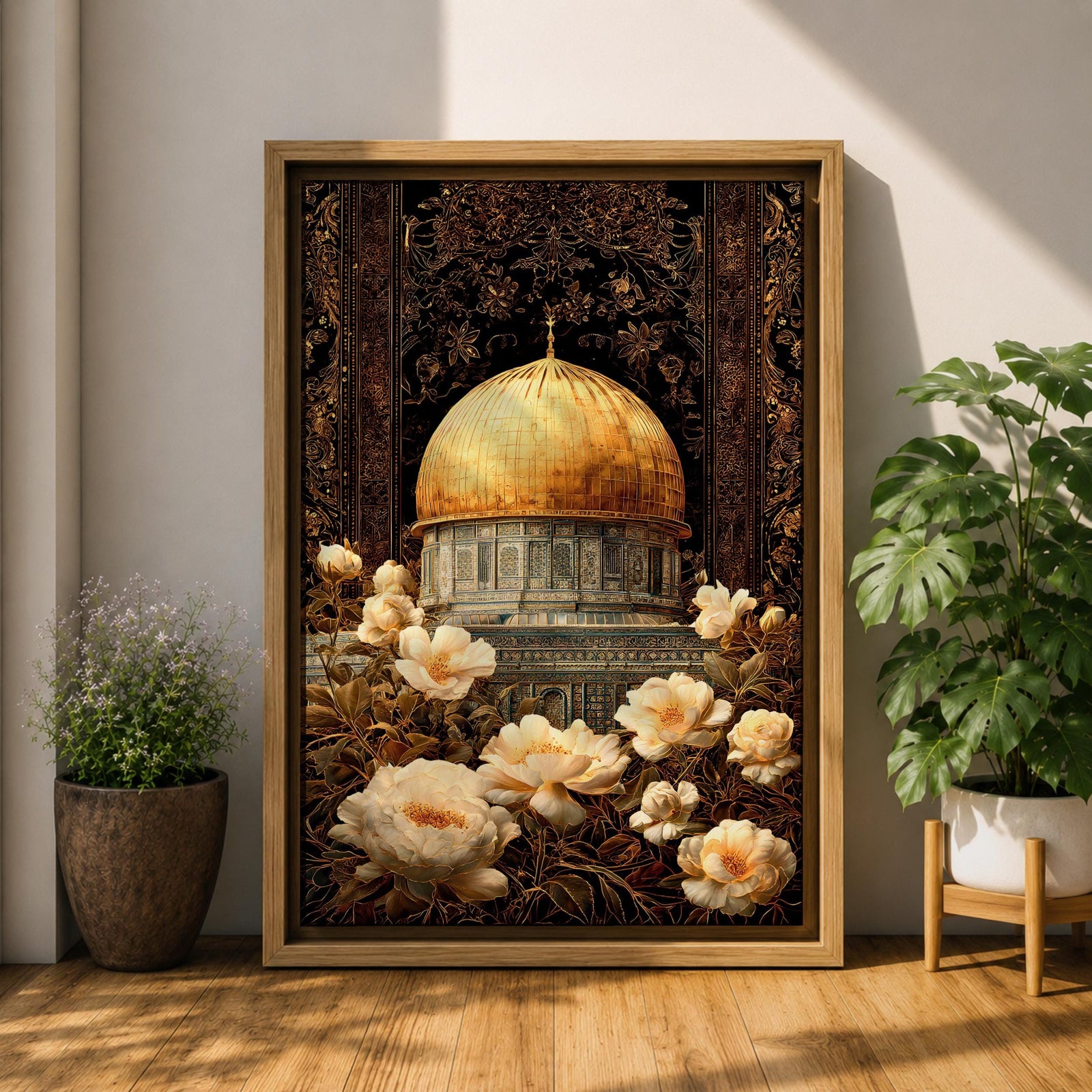 Elegant artwork of the Dome of the Rock in Jerusalem featuring the iconic golden dome surrounded by detailed Ottoman-style floral ornamentation and blooming flowers. The composition highlights the sacred Islamic landmark with rich decorative patterns and warm vintage tones.