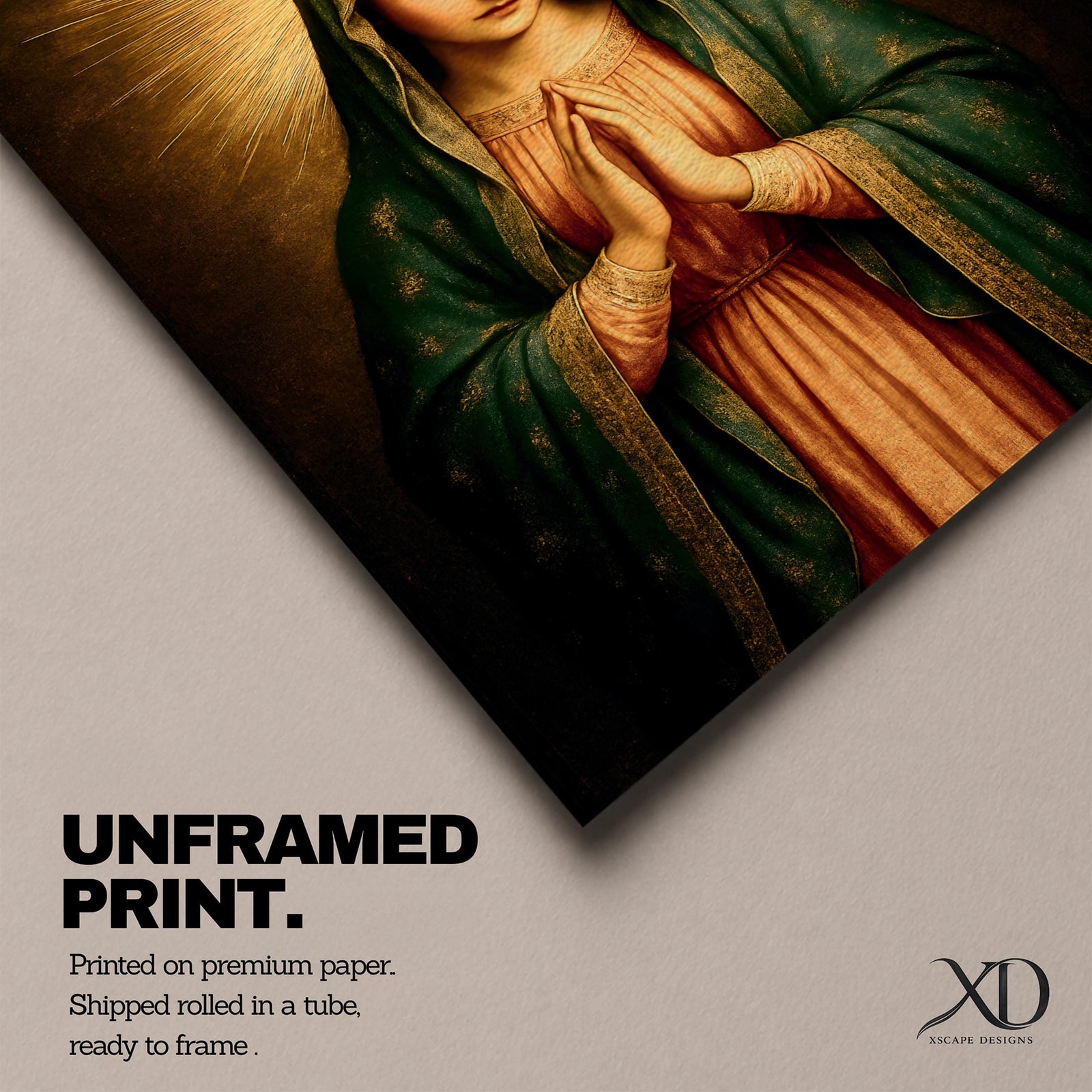 A vintage-style framed canvas wall art depicting the Virgin Mary with a golden crown and radiant halo, hands clasped in prayer, wearing a green cloak over a pink robe, rendered in a classical religious portrait style with warm, glowing tones.