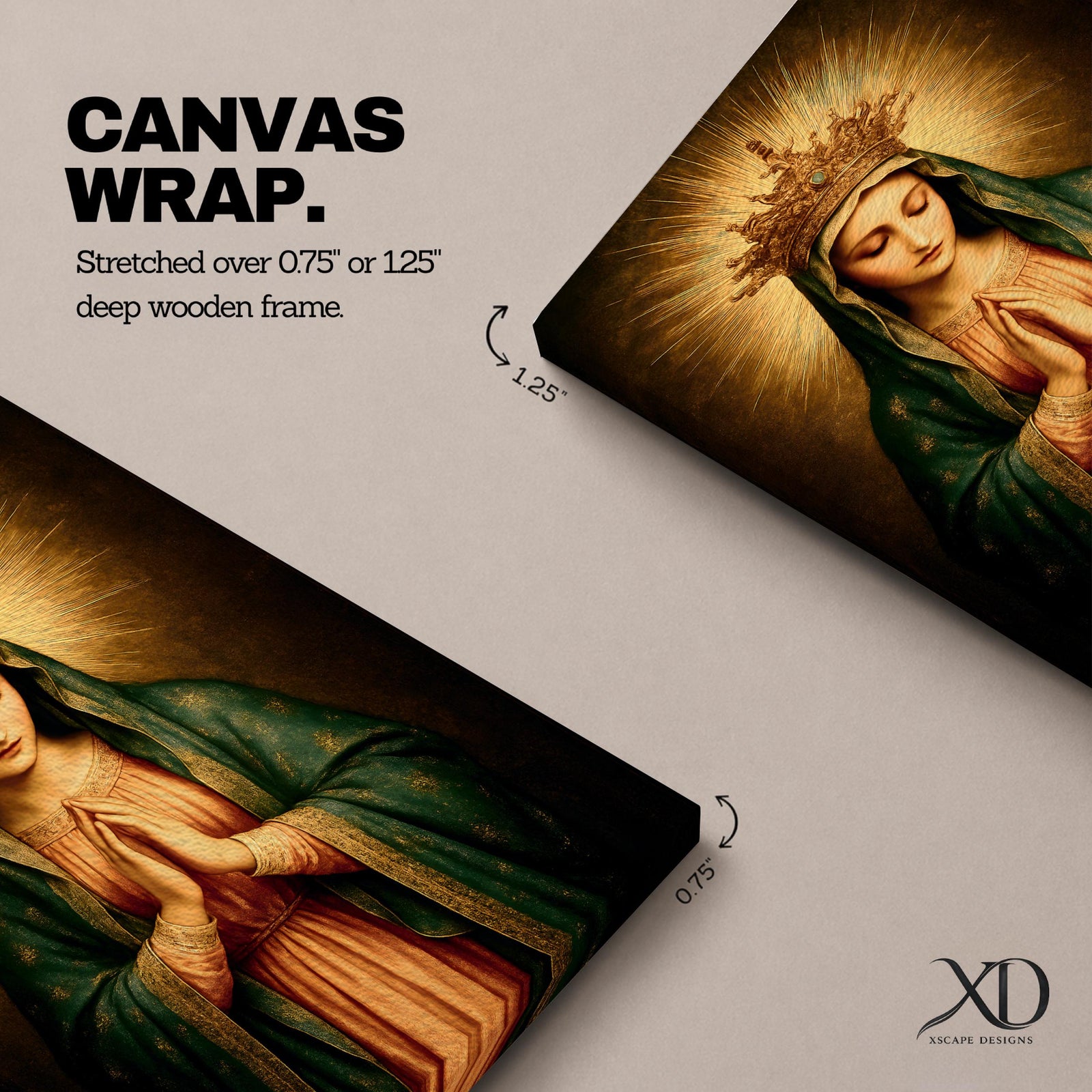A vintage-style framed canvas wall art depicting the Virgin Mary with a golden crown and radiant halo, hands clasped in prayer, wearing a green cloak over a pink robe, rendered in a classical religious portrait style with warm, glowing tones.