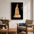 Devotional illustration of Our Lady of Fatima appearing in a Marian apparition, shown with a gentle expression and hands joined in prayer, wearing flowing white robes with a veil and a soft golden halo, rendered with delicate shading and radiant light in a traditional Catholic devotional composition centered on the Blessed Virgin Mary.