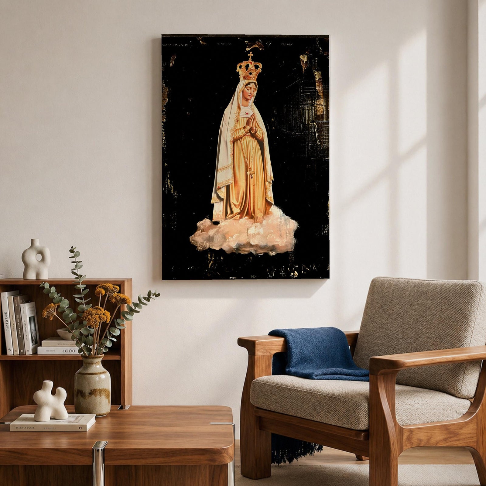 Devotional illustration of Our Lady of Fatima appearing in a Marian apparition, shown with a gentle expression and hands joined in prayer, wearing flowing white robes with a veil and a soft golden halo, rendered with delicate shading and radiant light in a traditional Catholic devotional composition centered on the Blessed Virgin Mary.