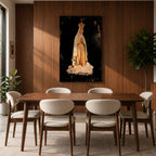 Devotional illustration of Our Lady of Fatima appearing in a Marian apparition, shown with a gentle expression and hands joined in prayer, wearing flowing white robes with a veil and a soft golden halo, rendered with delicate shading and radiant light in a traditional Catholic devotional composition centered on the Blessed Virgin Mary.
