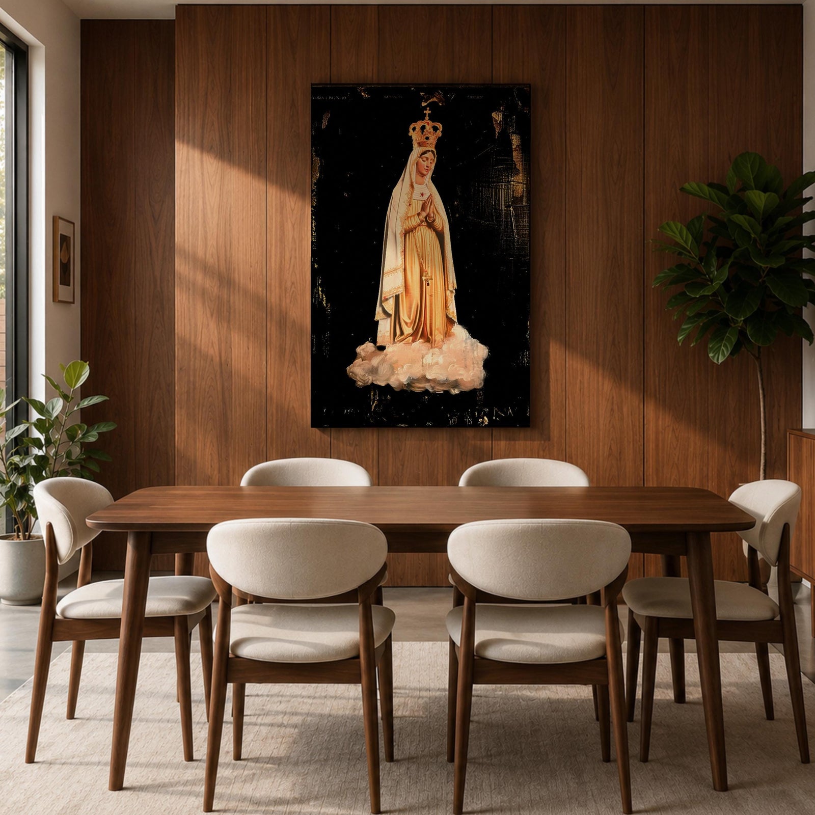 Devotional illustration of Our Lady of Fatima appearing in a Marian apparition, shown with a gentle expression and hands joined in prayer, wearing flowing white robes with a veil and a soft golden halo, rendered with delicate shading and radiant light in a traditional Catholic devotional composition centered on the Blessed Virgin Mary.