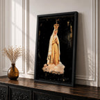 Devotional illustration of Our Lady of Fatima appearing in a Marian apparition, shown with a gentle expression and hands joined in prayer, wearing flowing white robes with a veil and a soft golden halo, rendered with delicate shading and radiant light in a traditional Catholic devotional composition centered on the Blessed Virgin Mary.