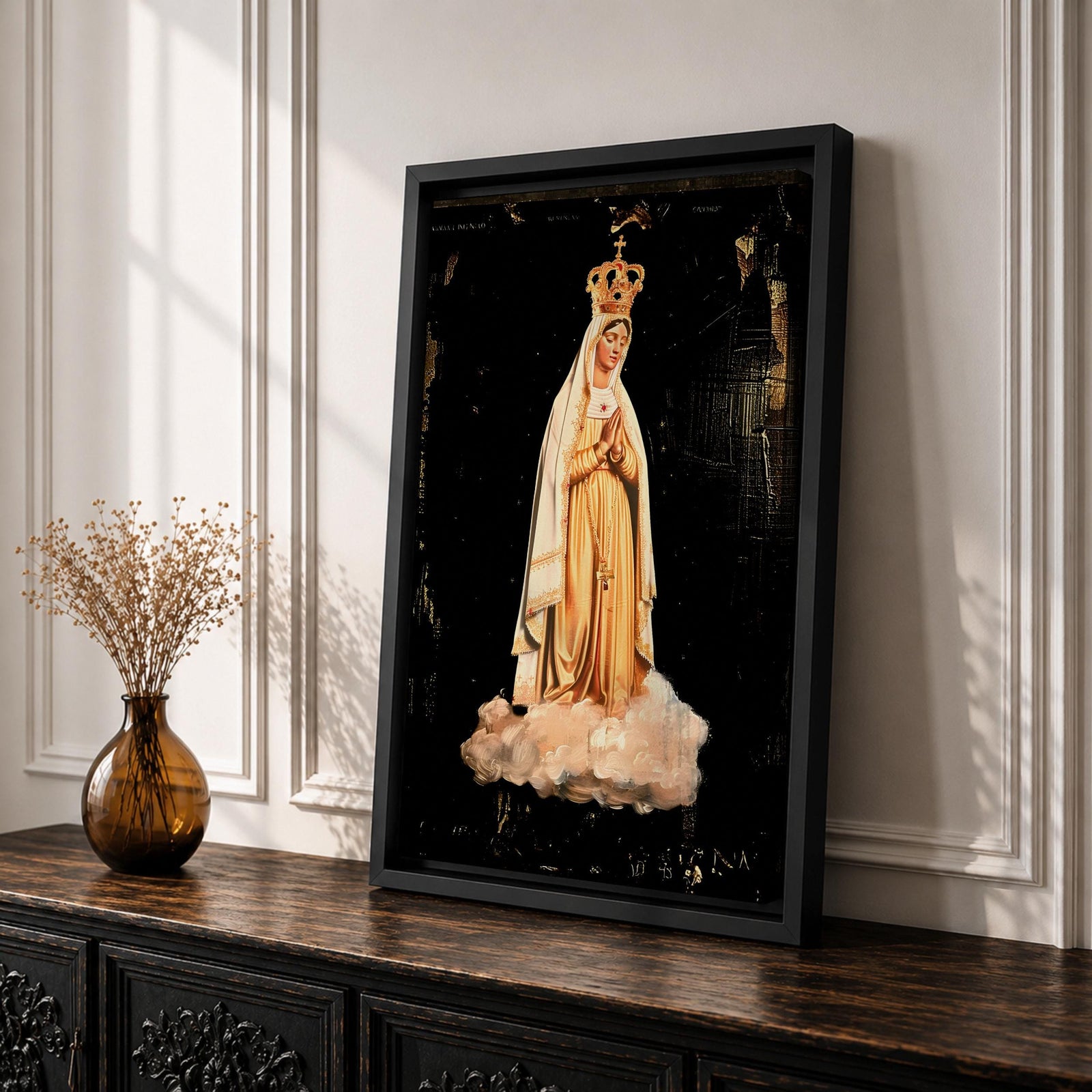 Devotional illustration of Our Lady of Fatima appearing in a Marian apparition, shown with a gentle expression and hands joined in prayer, wearing flowing white robes with a veil and a soft golden halo, rendered with delicate shading and radiant light in a traditional Catholic devotional composition centered on the Blessed Virgin Mary.