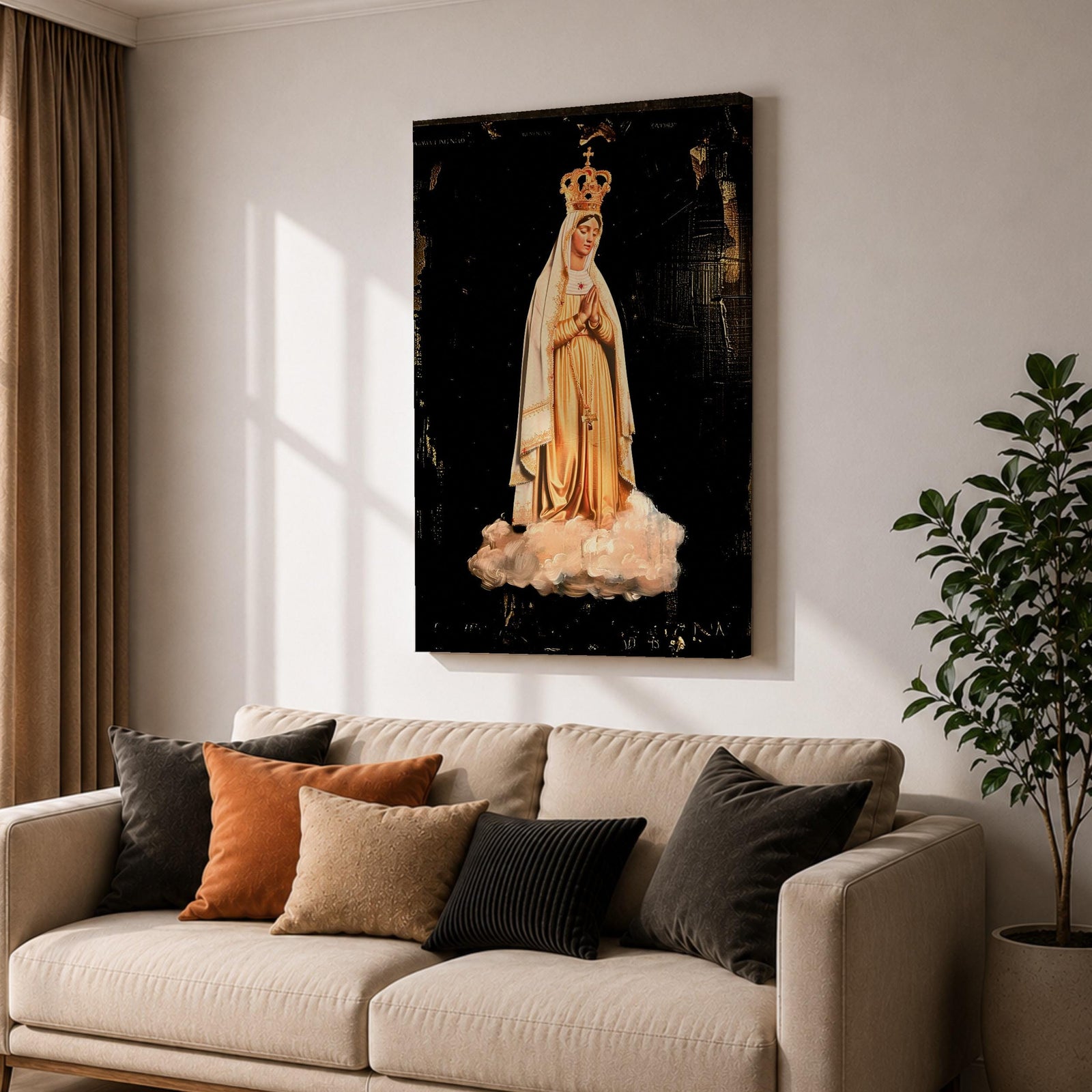 Devotional illustration of Our Lady of Fatima appearing in a Marian apparition, shown with a gentle expression and hands joined in prayer, wearing flowing white robes with a veil and a soft golden halo, rendered with delicate shading and radiant light in a traditional Catholic devotional composition centered on the Blessed Virgin Mary.