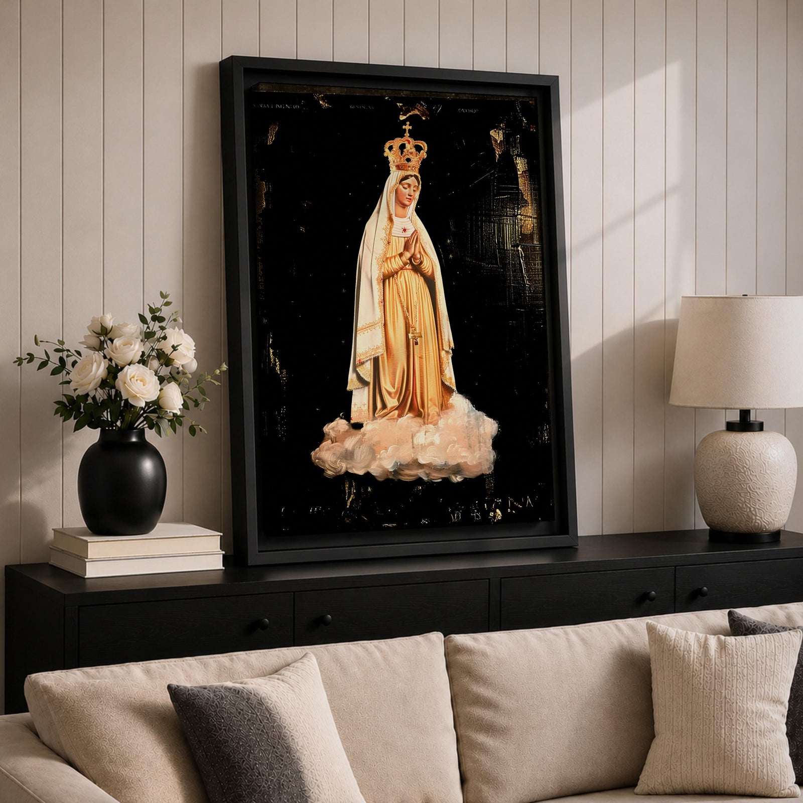 Devotional illustration of Our Lady of Fatima appearing in a Marian apparition, shown with a gentle expression and hands joined in prayer, wearing flowing white robes with a veil and a soft golden halo, rendered with delicate shading and radiant light in a traditional Catholic devotional composition centered on the Blessed Virgin Mary.