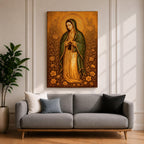 Illustration of Our Lady of Guadalupe also known as La Virgen Morena standing with hands clasped in prayer, wearing a rose colored gown and a teal mantle covered with gold stars, surrounded by radiant golden rays and decorative floral elements, with a small angel beneath her, rendered with soft shading in a devotional style inspired by Mexican Catholic iconography.