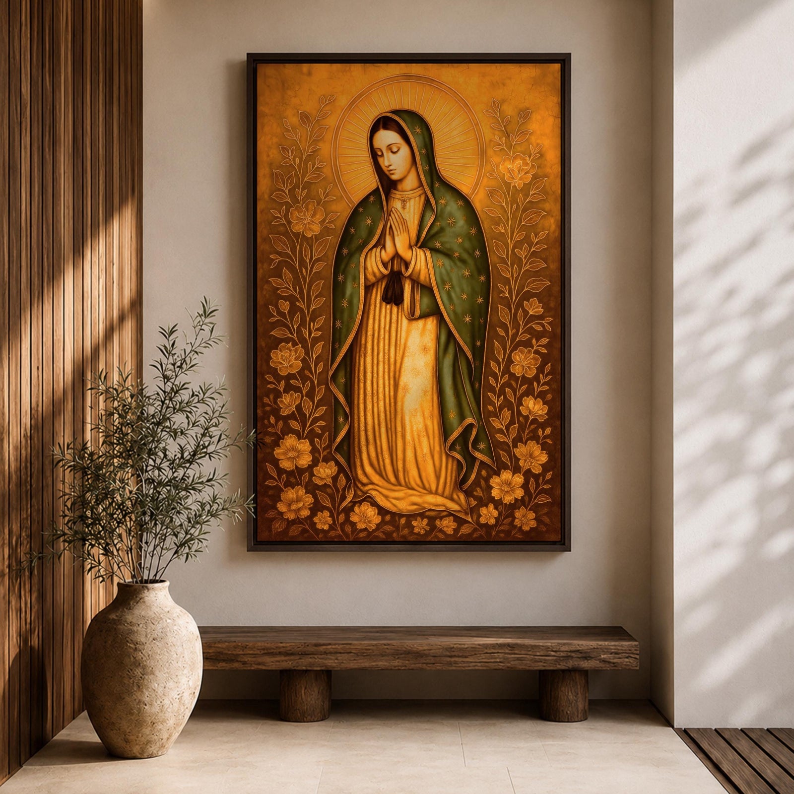 Illustration of Our Lady of Guadalupe also known as La Virgen Morena standing with hands clasped in prayer, wearing a rose colored gown and a teal mantle covered with gold stars, surrounded by radiant golden rays and decorative floral elements, with a small angel beneath her, rendered with soft shading in a devotional style inspired by Mexican Catholic iconography.