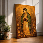 Illustration of Our Lady of Guadalupe also known as La Virgen Morena standing with hands clasped in prayer, wearing a rose colored gown and a teal mantle covered with gold stars, surrounded by radiant golden rays and decorative floral elements, with a small angel beneath her, rendered with soft shading in a devotional style inspired by Mexican Catholic iconography.