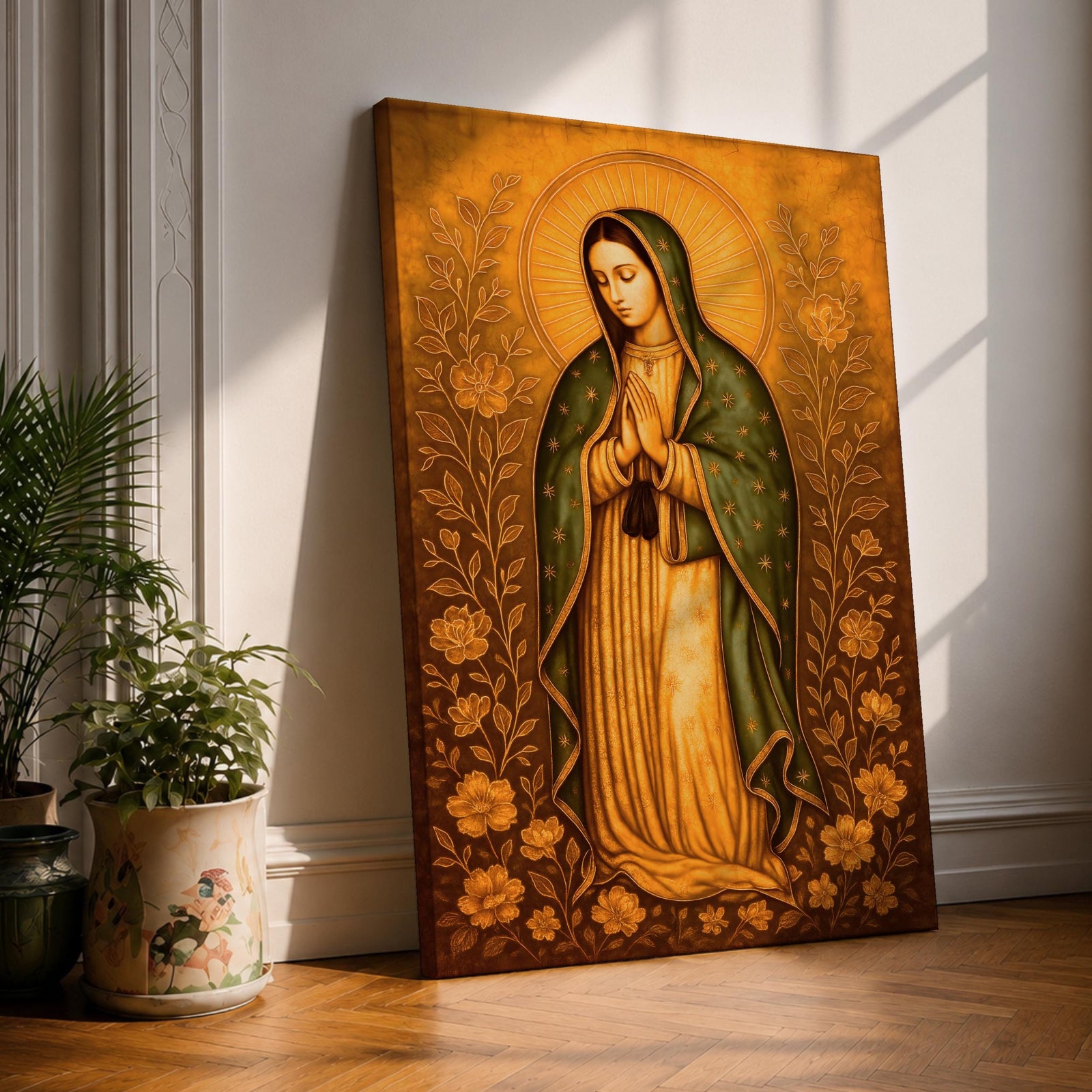 Illustration of Our Lady of Guadalupe also known as La Virgen Morena standing with hands clasped in prayer, wearing a rose colored gown and a teal mantle covered with gold stars, surrounded by radiant golden rays and decorative floral elements, with a small angel beneath her, rendered with soft shading in a devotional style inspired by Mexican Catholic iconography.