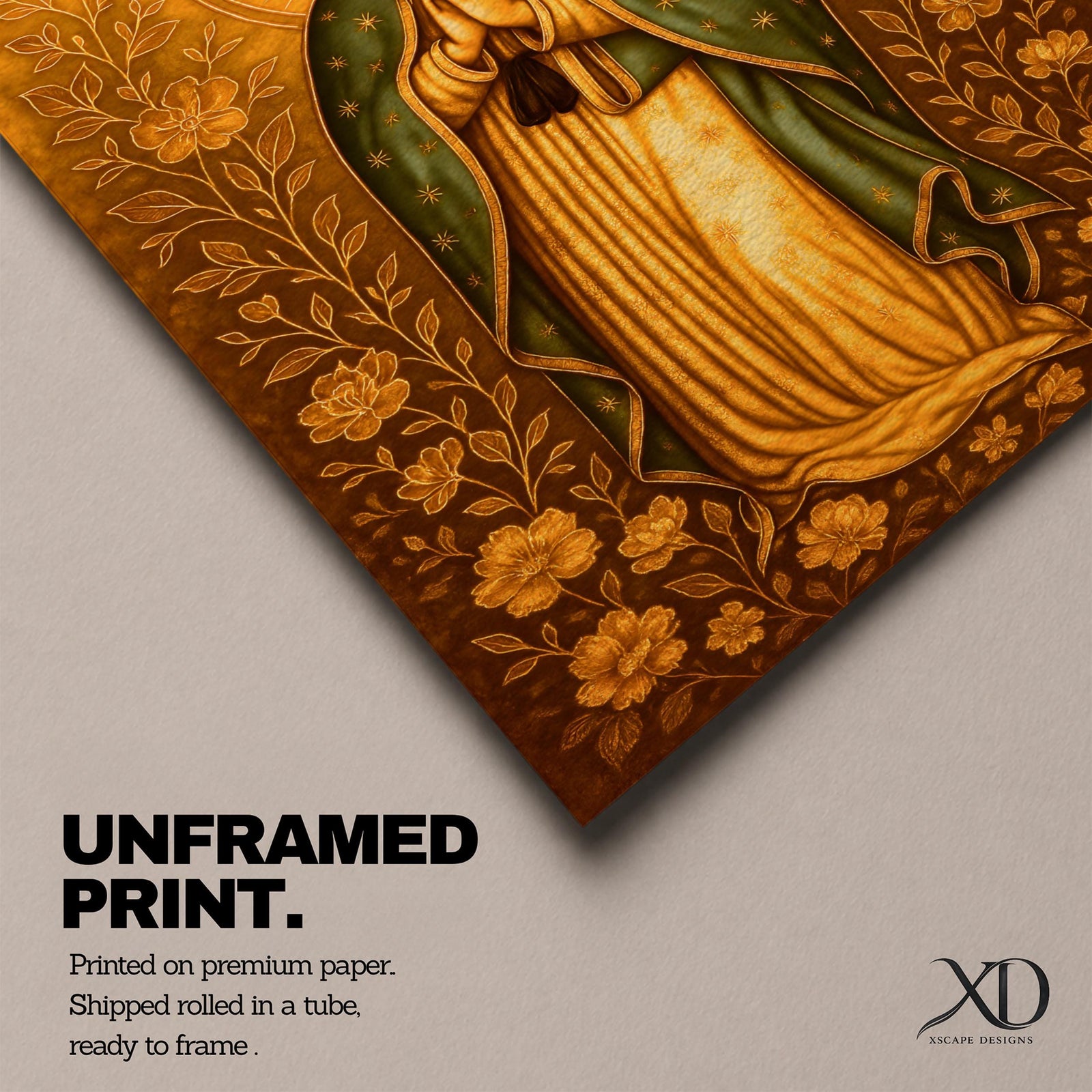 Illustration of Our Lady of Guadalupe also known as La Virgen Morena standing with hands clasped in prayer, wearing a rose colored gown and a teal mantle covered with gold stars, surrounded by radiant golden rays and decorative floral elements, with a small angel beneath her, rendered with soft shading in a devotional style inspired by Mexican Catholic iconography.
