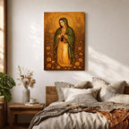 Illustration of Our Lady of Guadalupe also known as La Virgen Morena standing with hands clasped in prayer, wearing a rose colored gown and a teal mantle covered with gold stars, surrounded by radiant golden rays and decorative floral elements, with a small angel beneath her, rendered with soft shading in a devotional style inspired by Mexican Catholic iconography.