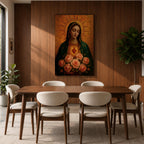 Devotional illustration of the Virgin Mary presenting the Immaculate Heart glowing at her chest, encircled with roses and radiant light, shown with a gentle expression and open hands, wearing flowing robes and a soft halo, rendered with delicate shading and warm tones in a traditional Marian Catholic devotional composition.