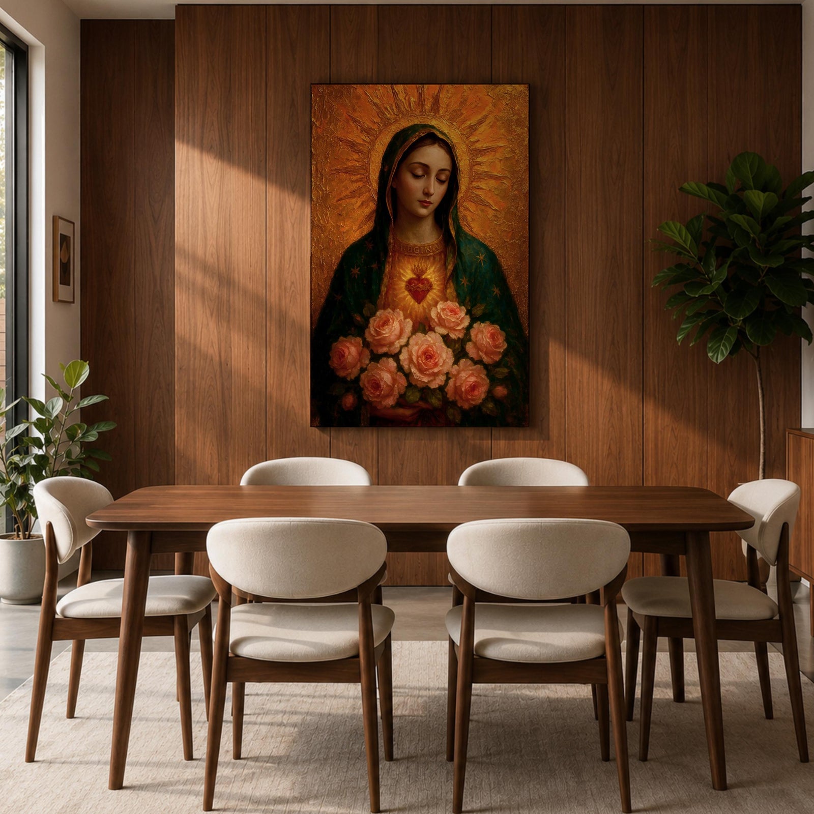 Devotional illustration of the Virgin Mary presenting the Immaculate Heart glowing at her chest, encircled with roses and radiant light, shown with a gentle expression and open hands, wearing flowing robes and a soft halo, rendered with delicate shading and warm tones in a traditional Marian Catholic devotional composition.