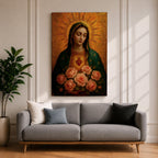 Devotional illustration of the Virgin Mary presenting the Immaculate Heart glowing at her chest, encircled with roses and radiant light, shown with a gentle expression and open hands, wearing flowing robes and a soft halo, rendered with delicate shading and warm tones in a traditional Marian Catholic devotional composition.