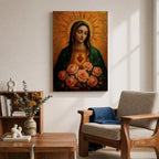Devotional illustration of the Virgin Mary presenting the Immaculate Heart glowing at her chest, encircled with roses and radiant light, shown with a gentle expression and open hands, wearing flowing robes and a soft halo, rendered with delicate shading and warm tones in a traditional Marian Catholic devotional composition.