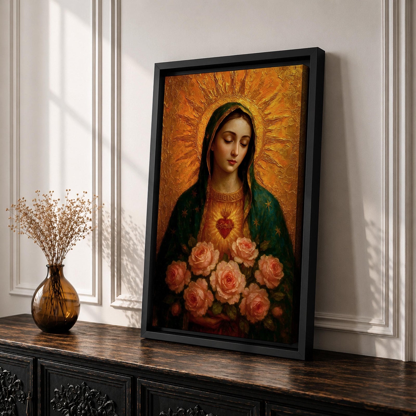 Devotional illustration of the Virgin Mary presenting the Immaculate Heart glowing at her chest, encircled with roses and radiant light, shown with a gentle expression and open hands, wearing flowing robes and a soft halo, rendered with delicate shading and warm tones in a traditional Marian Catholic devotional composition.