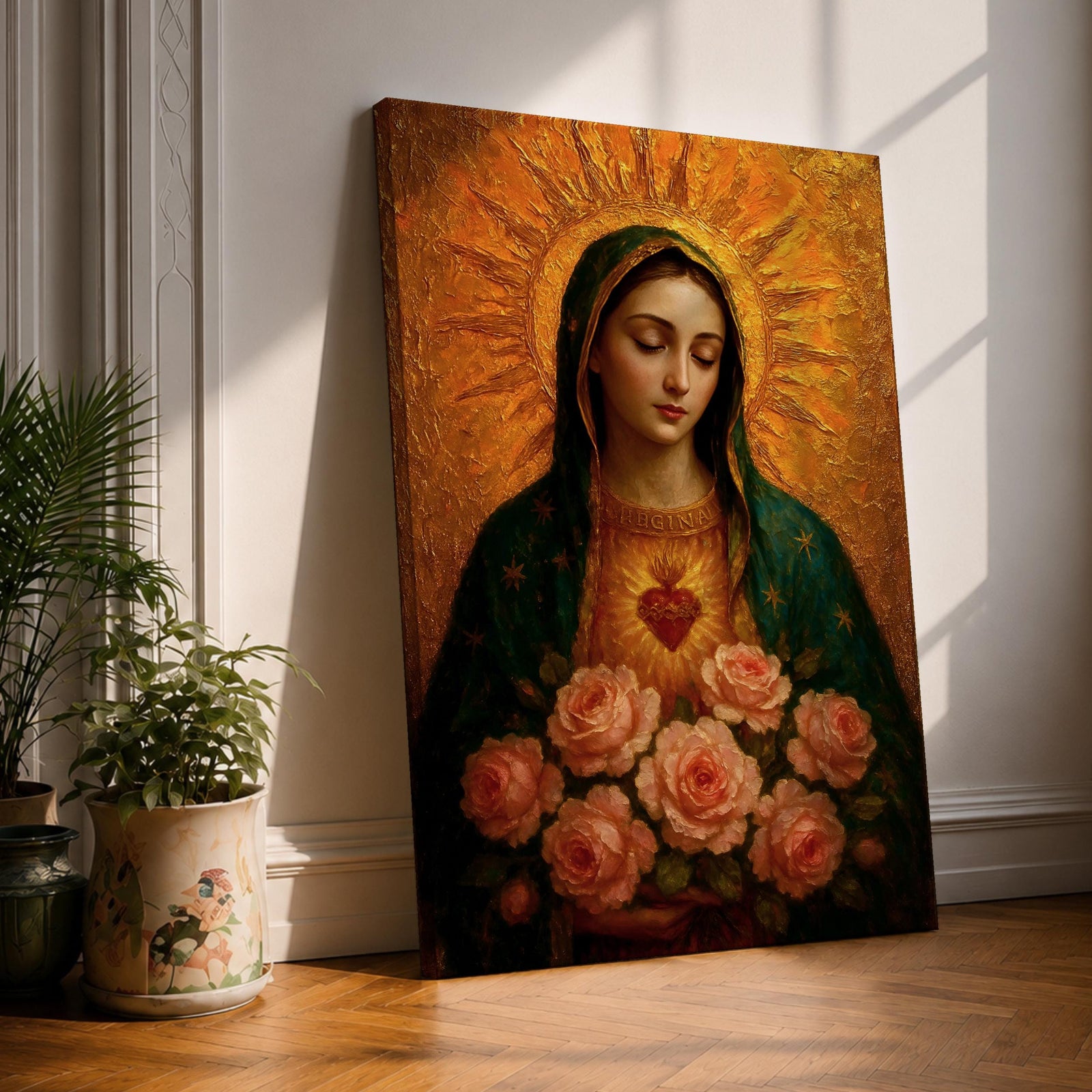 Devotional illustration of the Virgin Mary presenting the Immaculate Heart glowing at her chest, encircled with roses and radiant light, shown with a gentle expression and open hands, wearing flowing robes and a soft halo, rendered with delicate shading and warm tones in a traditional Marian Catholic devotional composition.