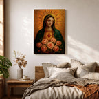 Devotional illustration of the Virgin Mary presenting the Immaculate Heart glowing at her chest, encircled with roses and radiant light, shown with a gentle expression and open hands, wearing flowing robes and a soft halo, rendered with delicate shading and warm tones in a traditional Marian Catholic devotional composition.