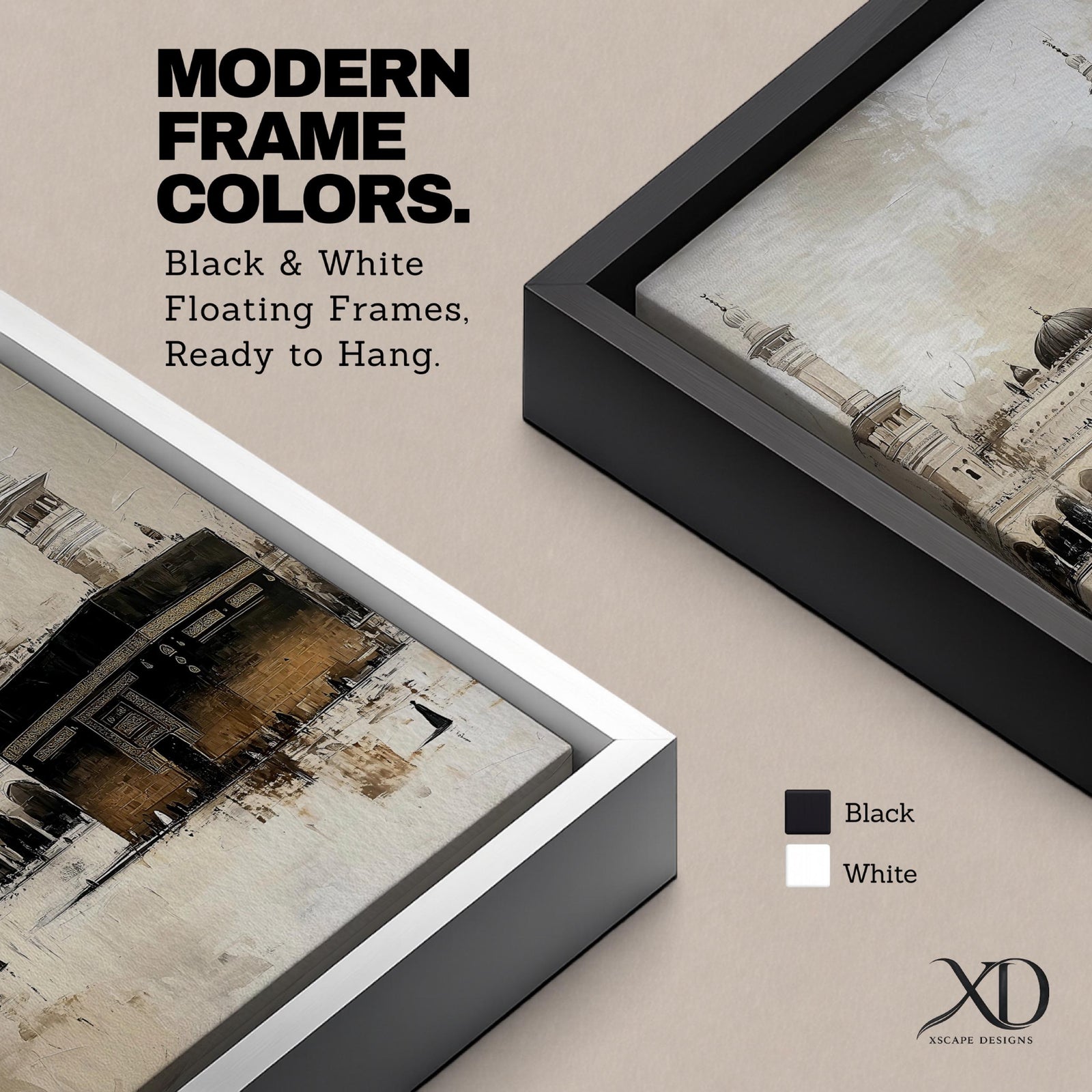 Neutral vintage-style artwork of the Kaaba at Masjid al-Haram in Mecca with soft beige tones and elegant mosque minarets. The minimalist composition highlights the sacred Islamic landmark and Hajj pilgrimage atmosphere with calm textures and timeless decor style.