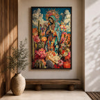 Illustration of Our Lady of Guadalupe also known as the Mexican Virgencita standing with hands clasped in prayer, wearing a rose colored gown and a teal mantle covered with gold stars, surrounded by radiant golden rays and floral elements with a small angel beneath her, rendered with soft shading in a devotional style inspired by Mexican Catholic iconography.