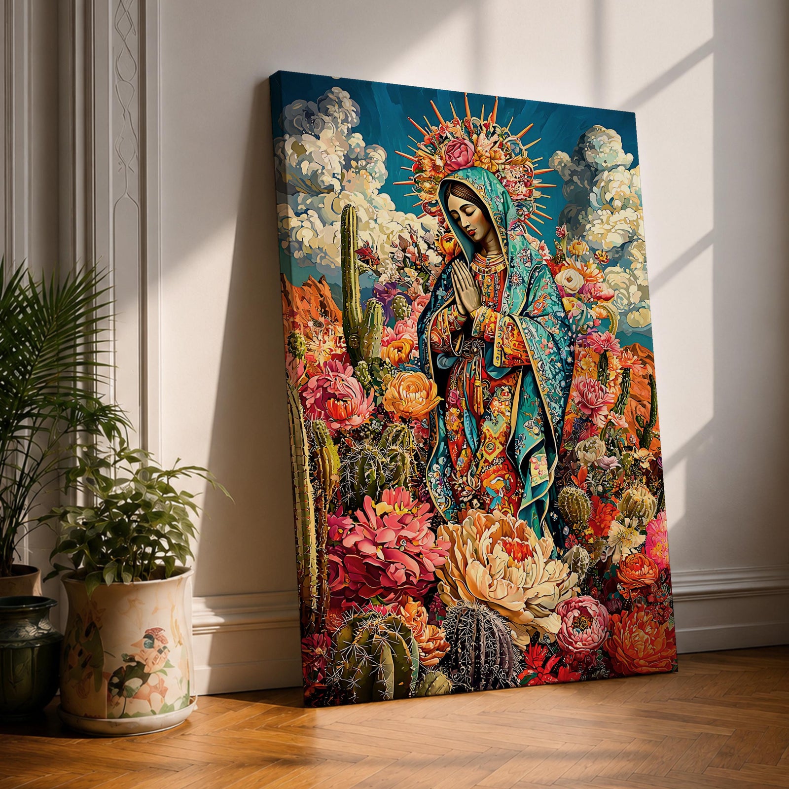 Illustration of Our Lady of Guadalupe also known as the Mexican Virgencita standing with hands clasped in prayer, wearing a rose colored gown and a teal mantle covered with gold stars, surrounded by radiant golden rays and floral elements with a small angel beneath her, rendered with soft shading in a devotional style inspired by Mexican Catholic iconography.