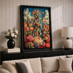 Illustration of Our Lady of Guadalupe also known as the Mexican Virgencita standing with hands clasped in prayer, wearing a rose colored gown and a teal mantle covered with gold stars, surrounded by radiant golden rays and floral elements with a small angel beneath her, rendered with soft shading in a devotional style inspired by Mexican Catholic iconography.
