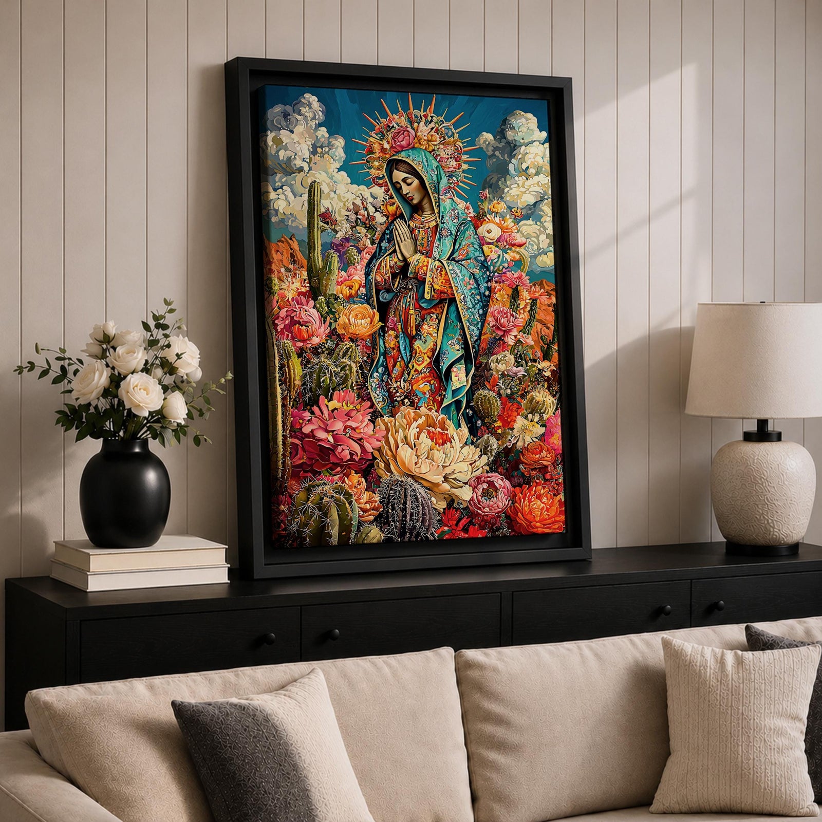 Illustration of Our Lady of Guadalupe also known as the Mexican Virgencita standing with hands clasped in prayer, wearing a rose colored gown and a teal mantle covered with gold stars, surrounded by radiant golden rays and floral elements with a small angel beneath her, rendered with soft shading in a devotional style inspired by Mexican Catholic iconography.