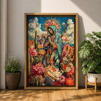 Illustration of Our Lady of Guadalupe also known as the Mexican Virgencita standing with hands clasped in prayer, wearing a rose colored gown and a teal mantle covered with gold stars, surrounded by radiant golden rays and floral elements with a small angel beneath her, rendered with soft shading in a devotional style inspired by Mexican Catholic iconography.