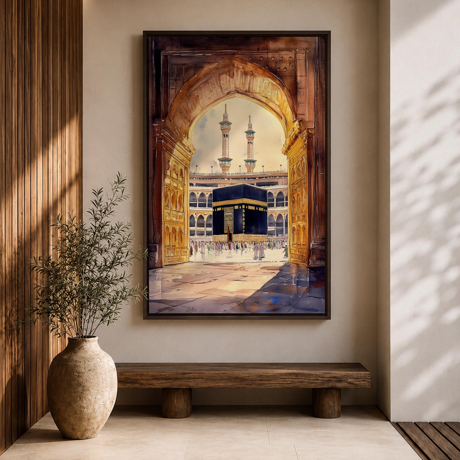Watercolor-style artwork of the Kaaba at Masjid Al Haram in Mecca viewed through a grand mosque archway with open golden doors and pilgrims gathered in the courtyard beneath tall minarets.