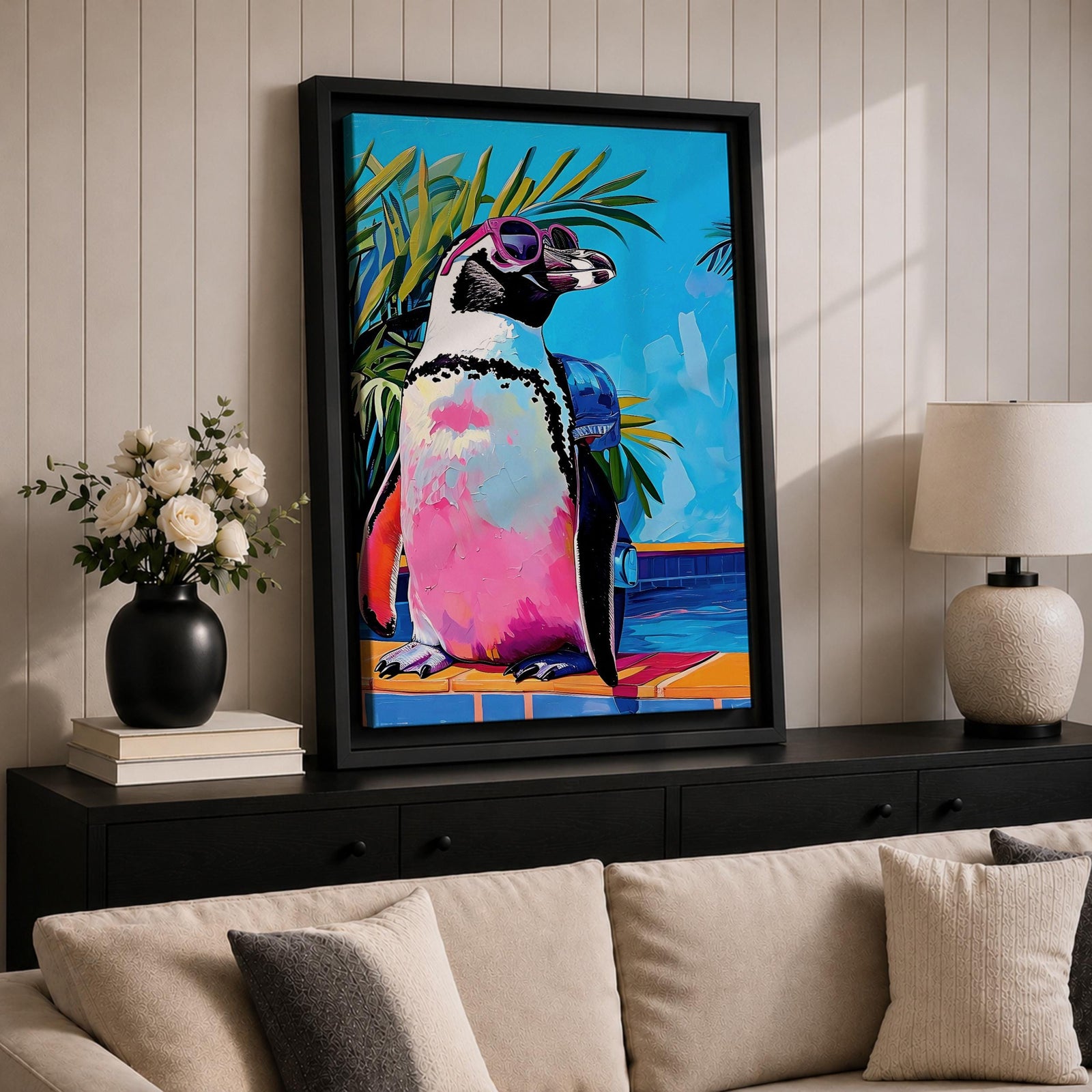 Penguin Tropical Bird Animal Wall Art Poolside Abstract Gift Living Room Office Home Decor