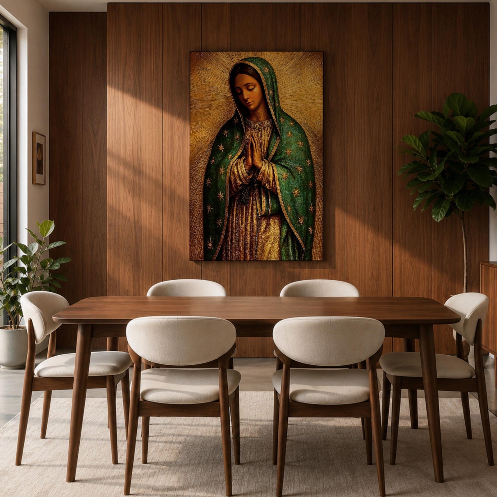 Illustration of the Virgin of Guadalupe also known as La Morenita standing with hands clasped in prayer, wearing a rose colored gown and a teal mantle covered with gold stars, surrounded by radiant golden rays with a small angel beneath her, rendered with warm tones and textured shading in a rustic devotional style inspired by Mexican Catholic iconography.