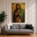 Illustration of the Virgin of Guadalupe also known as La Morenita standing with hands clasped in prayer, wearing a rose colored gown and a teal mantle covered with gold stars, surrounded by radiant golden rays with a small angel beneath her, rendered with warm tones and textured shading in a rustic devotional style inspired by Mexican Catholic iconography.