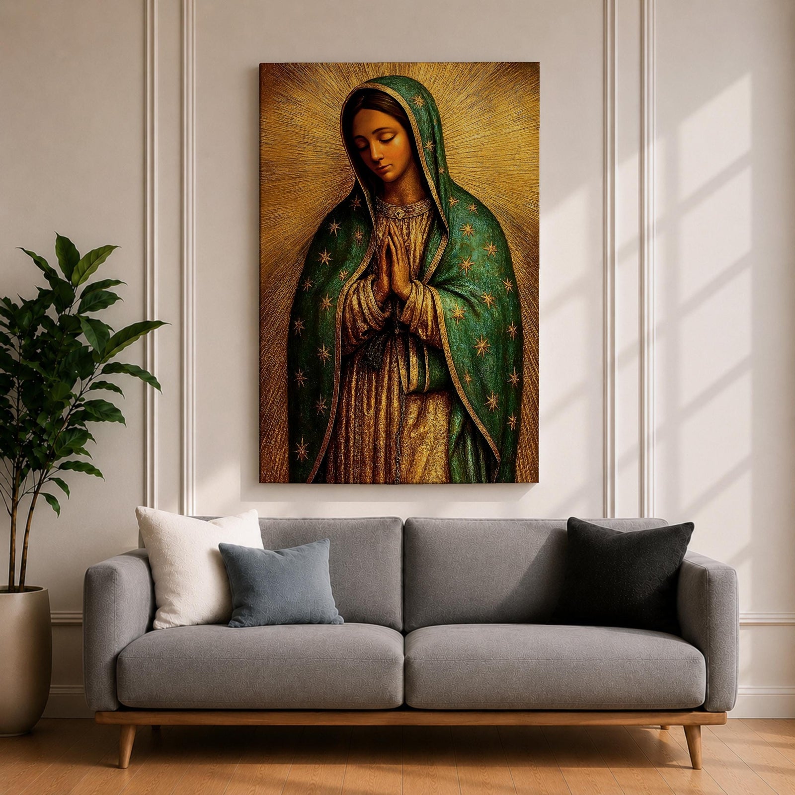 Illustration of the Virgin of Guadalupe also known as La Morenita standing with hands clasped in prayer, wearing a rose colored gown and a teal mantle covered with gold stars, surrounded by radiant golden rays with a small angel beneath her, rendered with warm tones and textured shading in a rustic devotional style inspired by Mexican Catholic iconography.
