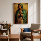 Illustration of the Virgin of Guadalupe also known as La Morenita standing with hands clasped in prayer, wearing a rose colored gown and a teal mantle covered with gold stars, surrounded by radiant golden rays with a small angel beneath her, rendered with warm tones and textured shading in a rustic devotional style inspired by Mexican Catholic iconography.