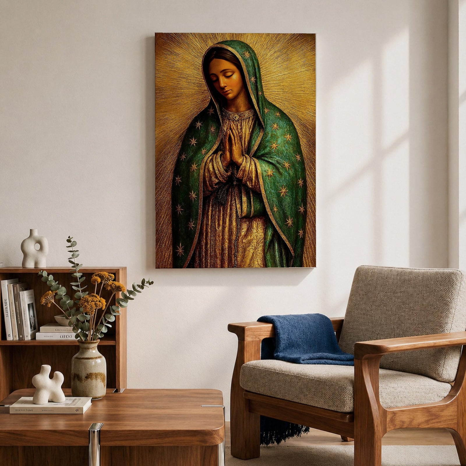 Illustration of the Virgin of Guadalupe also known as La Morenita standing with hands clasped in prayer, wearing a rose colored gown and a teal mantle covered with gold stars, surrounded by radiant golden rays with a small angel beneath her, rendered with warm tones and textured shading in a rustic devotional style inspired by Mexican Catholic iconography.