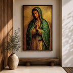 Illustration of the Virgin of Guadalupe also known as La Morenita standing with hands clasped in prayer, wearing a rose colored gown and a teal mantle covered with gold stars, surrounded by radiant golden rays with a small angel beneath her, rendered with warm tones and textured shading in a rustic devotional style inspired by Mexican Catholic iconography.