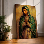Illustration of the Virgin of Guadalupe also known as La Morenita standing with hands clasped in prayer, wearing a rose colored gown and a teal mantle covered with gold stars, surrounded by radiant golden rays with a small angel beneath her, rendered with warm tones and textured shading in a rustic devotional style inspired by Mexican Catholic iconography.