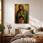 Illustration of the Virgin of Guadalupe also known as La Morenita standing with hands clasped in prayer, wearing a rose colored gown and a teal mantle covered with gold stars, surrounded by radiant golden rays with a small angel beneath her, rendered with warm tones and textured shading in a rustic devotional style inspired by Mexican Catholic iconography.