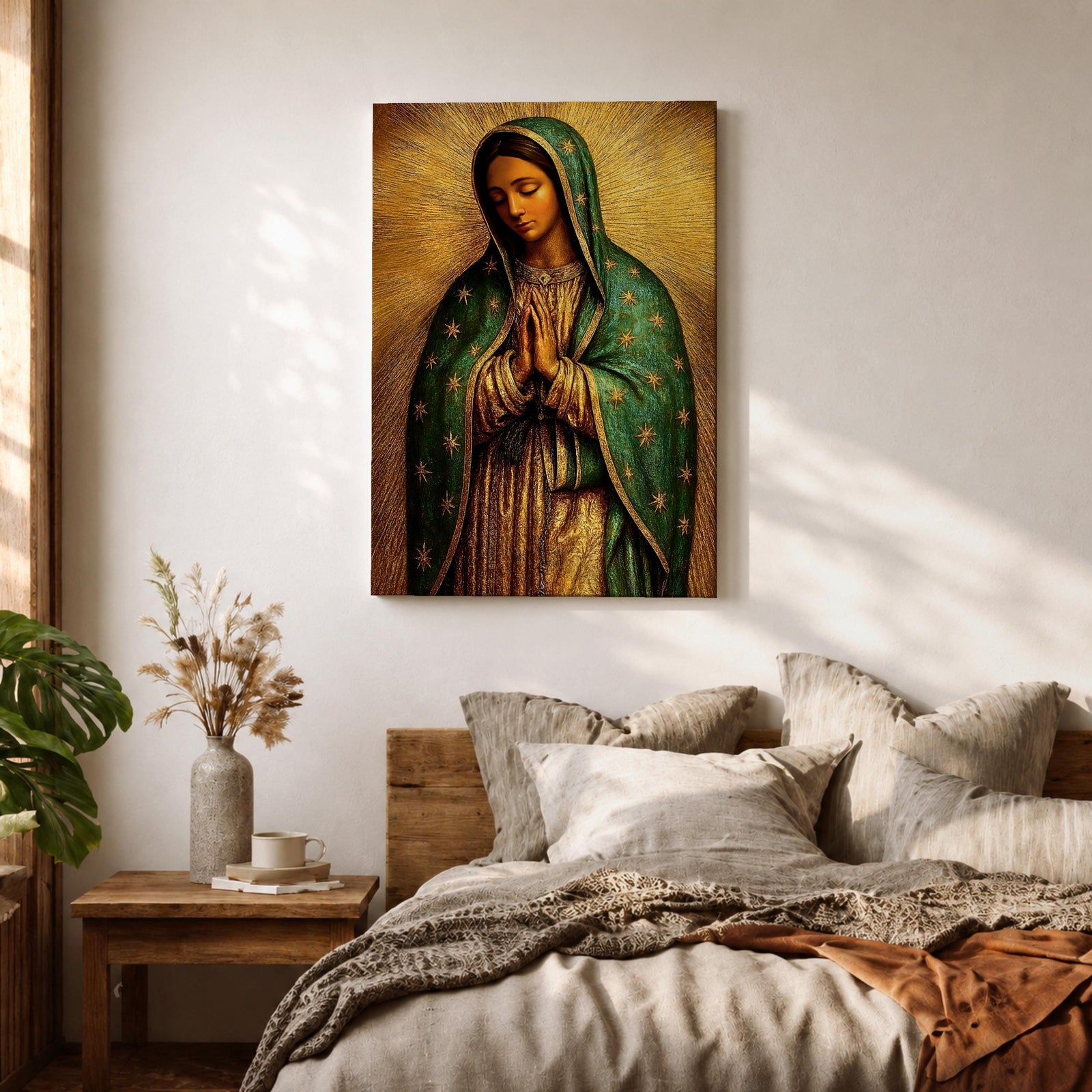 Illustration of the Virgin of Guadalupe also known as La Morenita standing with hands clasped in prayer, wearing a rose colored gown and a teal mantle covered with gold stars, surrounded by radiant golden rays with a small angel beneath her, rendered with warm tones and textured shading in a rustic devotional style inspired by Mexican Catholic iconography.