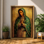 Illustration of the Virgin of Guadalupe also known as La Morenita standing with hands clasped in prayer, wearing a rose colored gown and a teal mantle covered with gold stars, surrounded by radiant golden rays with a small angel beneath her, rendered with warm tones and textured shading in a rustic devotional style inspired by Mexican Catholic iconography.
