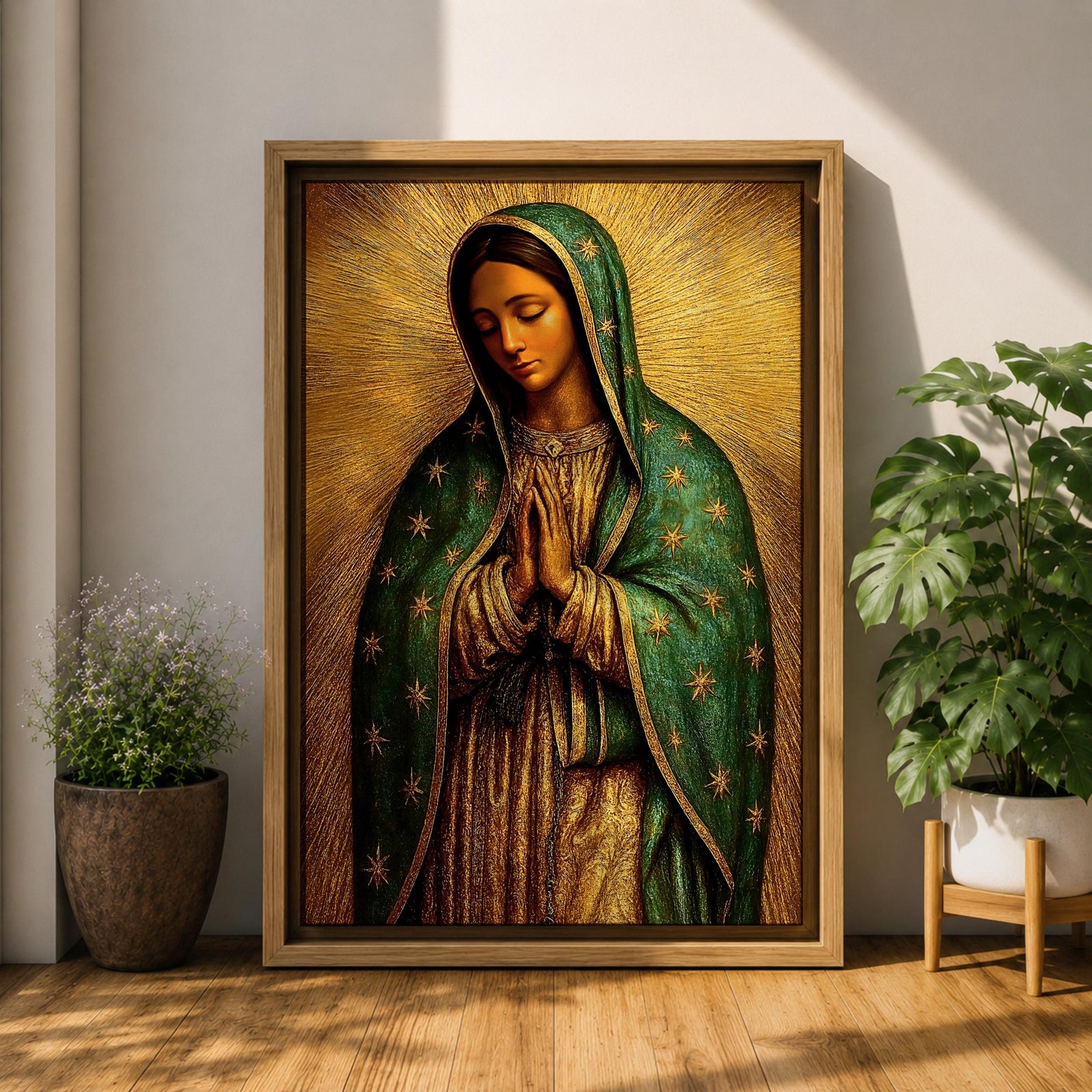 Illustration of the Virgin of Guadalupe also known as La Morenita standing with hands clasped in prayer, wearing a rose colored gown and a teal mantle covered with gold stars, surrounded by radiant golden rays with a small angel beneath her, rendered with warm tones and textured shading in a rustic devotional style inspired by Mexican Catholic iconography.